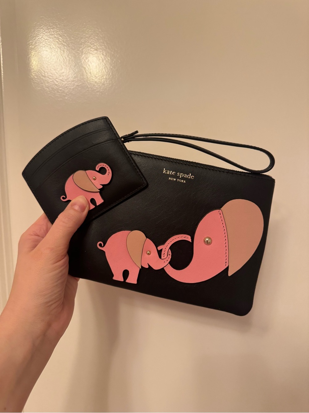 kate spade Black Wristlet and Wallet with Pink Elephant Appliqués